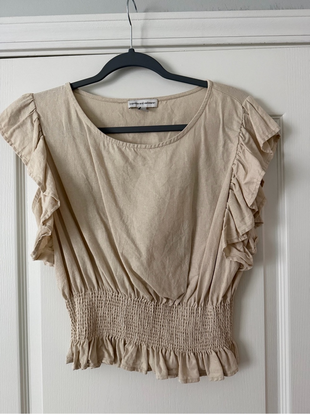Beige Linen Ruffle Sleeve Smocked Waist Top